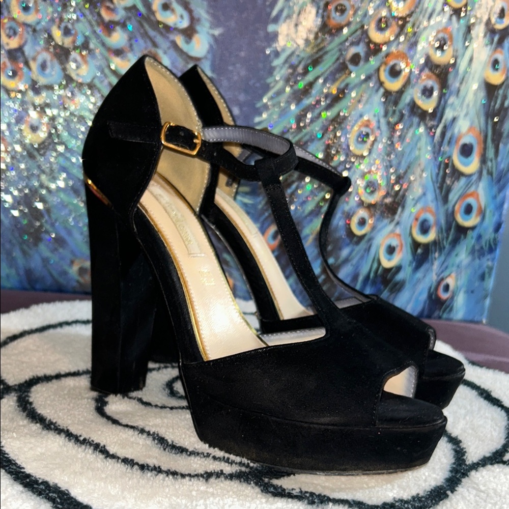 Prima Donna Size 7.5 Black Suede T Strap Platform Chunk Heels